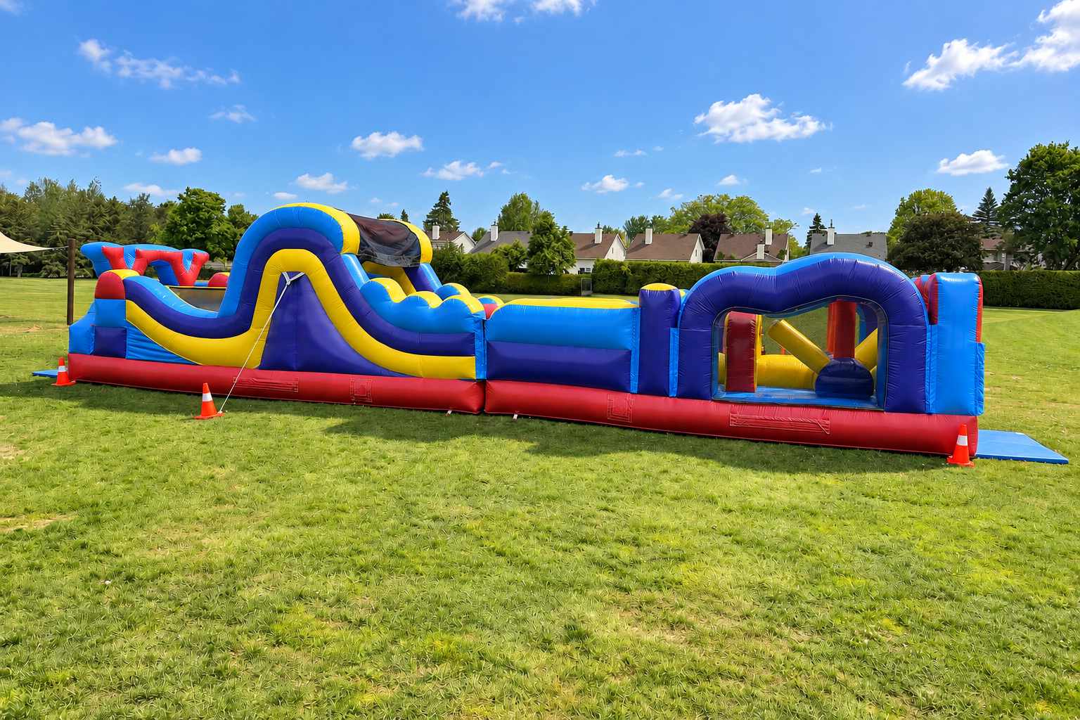 Side view of the connected 25ft and 21ft Extreme X obstacle course sections