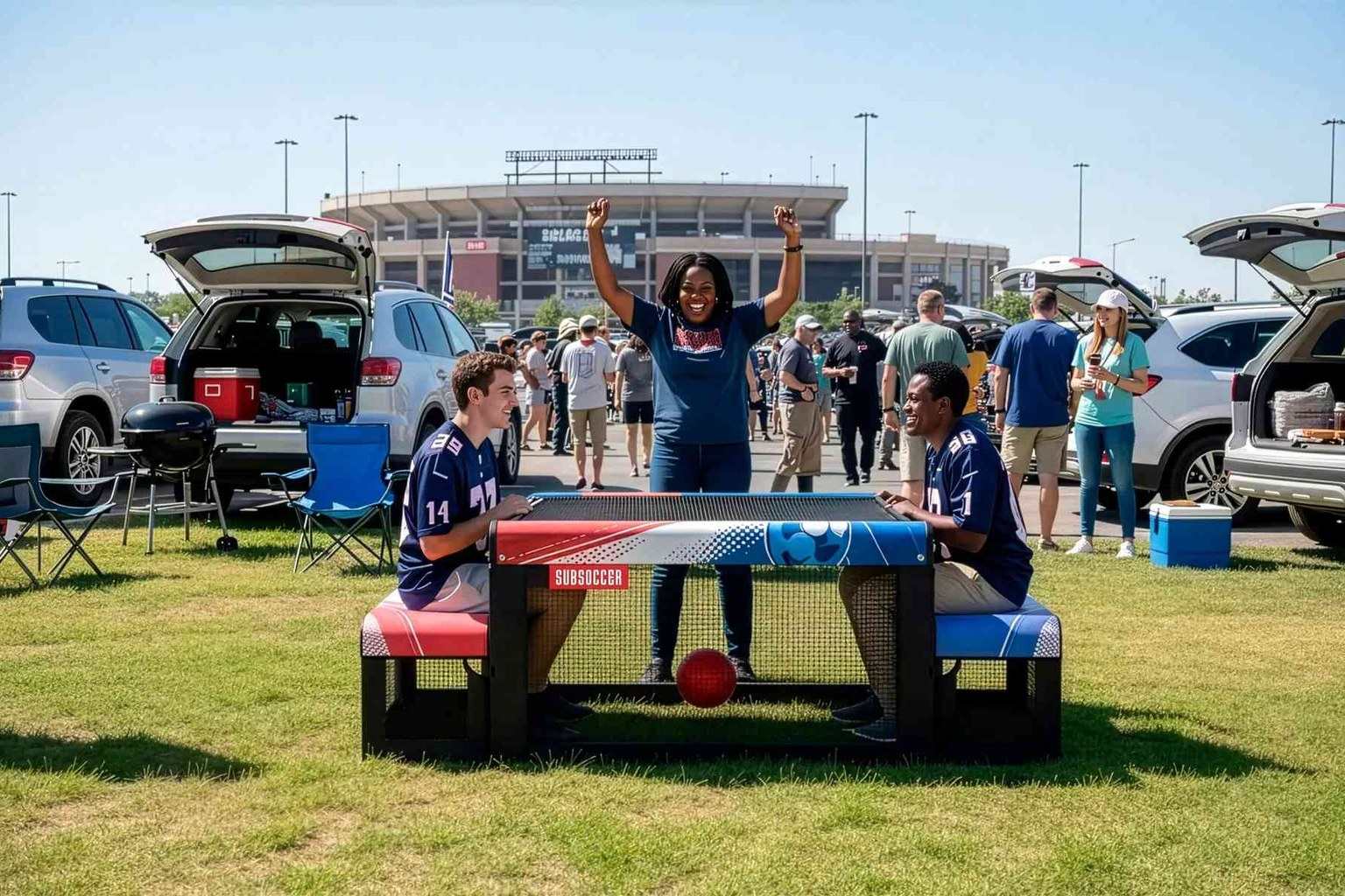 Two seated players playing bench soccer outdoors while friends watch