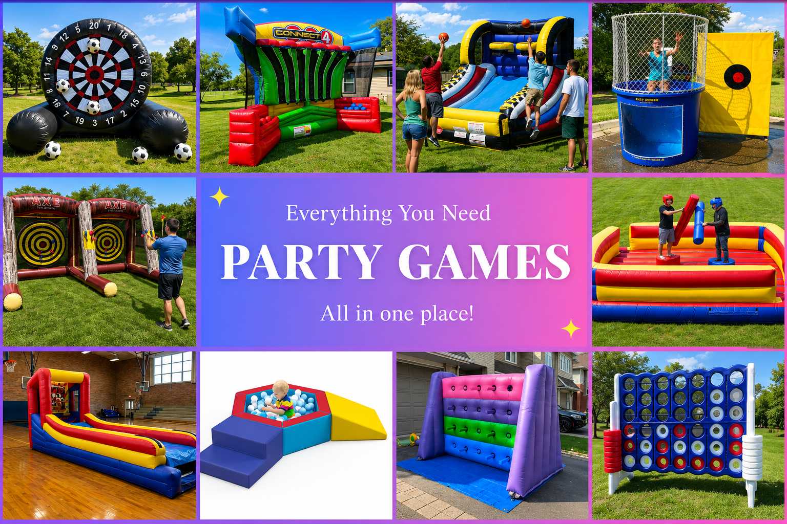 Party games rentals in Ottawa Ontario including inflatable soccer darts, dunk tank, axe throwing, inflatable basketball game, jousting arena, giant Connect 4 and backyard party games
